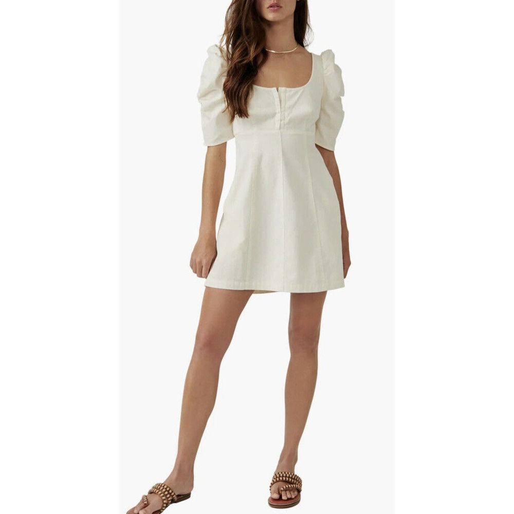 Free People Cheyenne Denim Mini Dress Ivory Puff Sleeves Boho Short ~Size XS